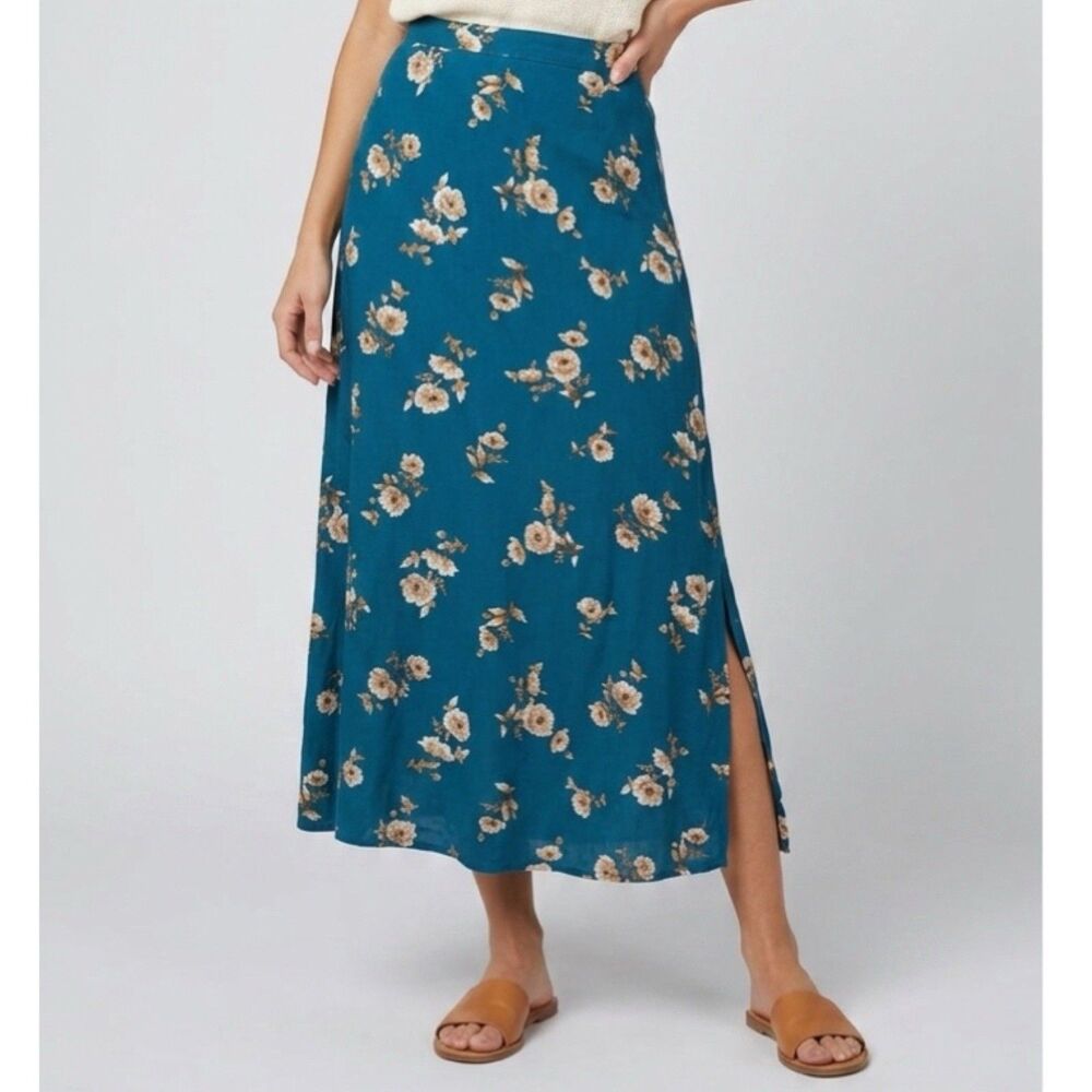 vintage Y2K Midi Skirt Teal Slit Boho sz S cottagecore Whimsigoth Ditsy Floral